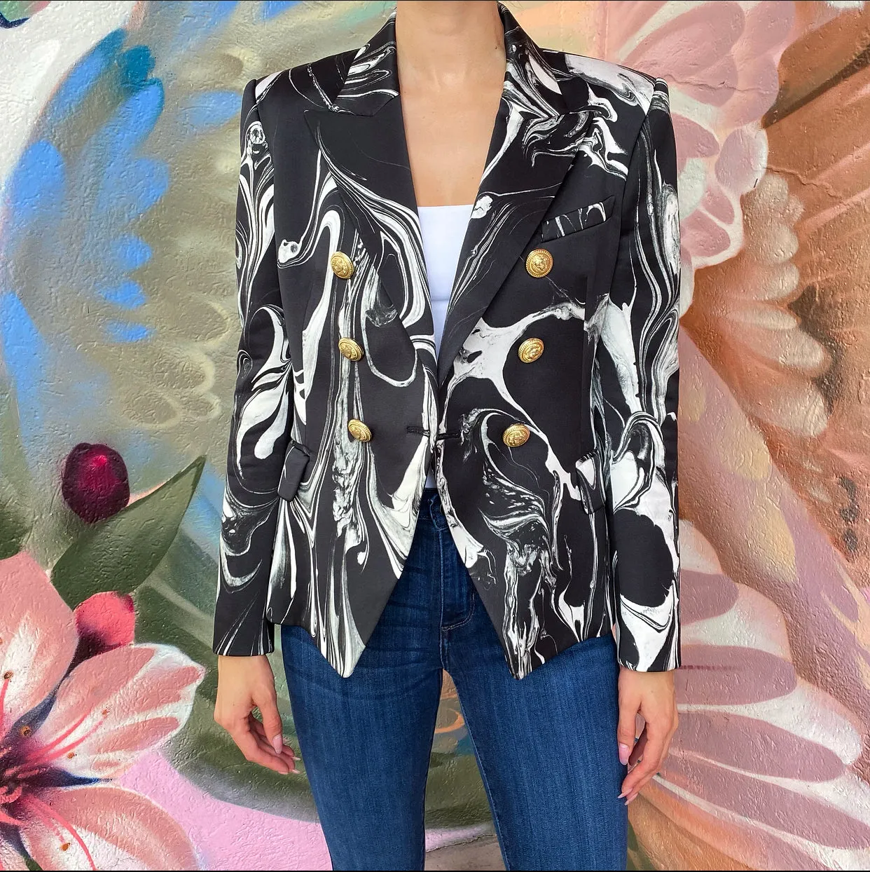 Balmain Black and White Marble Pattern Blazer - FR42 / USA L (8/10)