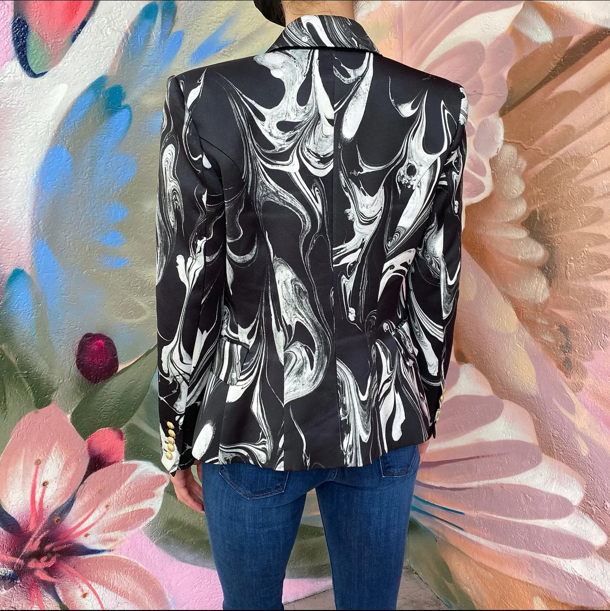 Balmain Black and White Marble Pattern Blazer - FR42 / USA L (8/10)