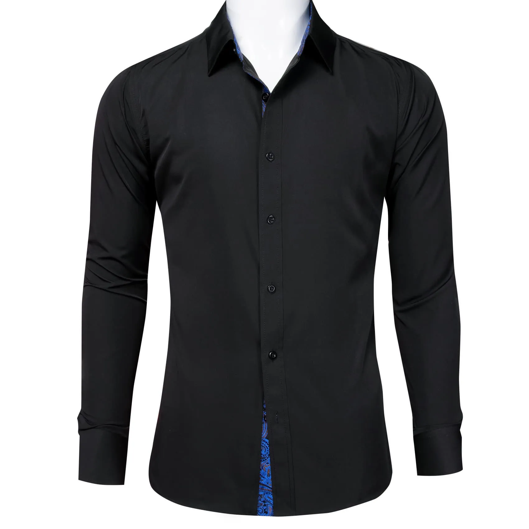 Barry Wang Black Patchwork Dress Shirt with Blue Paisley Cuff Mens Top
