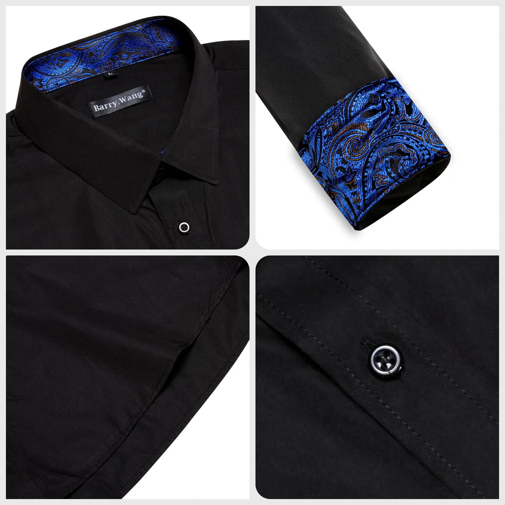 Barry Wang Black Patchwork Dress Shirt with Blue Paisley Cuff Mens Top