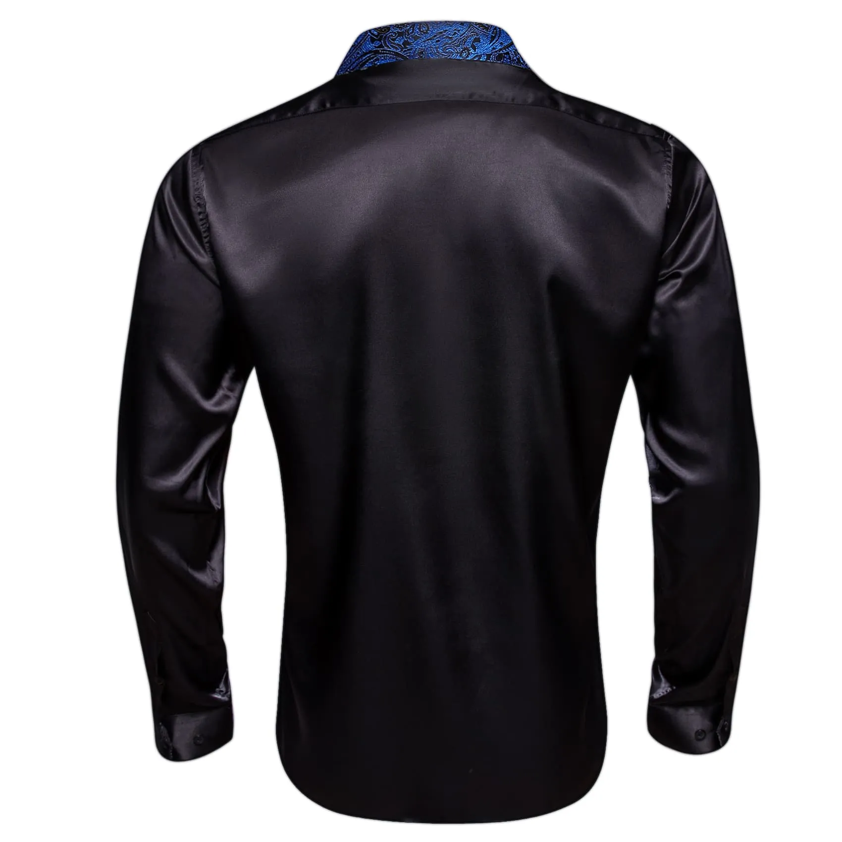 Barry Wang Black Shirt with Blue Paisley Cuff Long Sleeve Satin Shirt