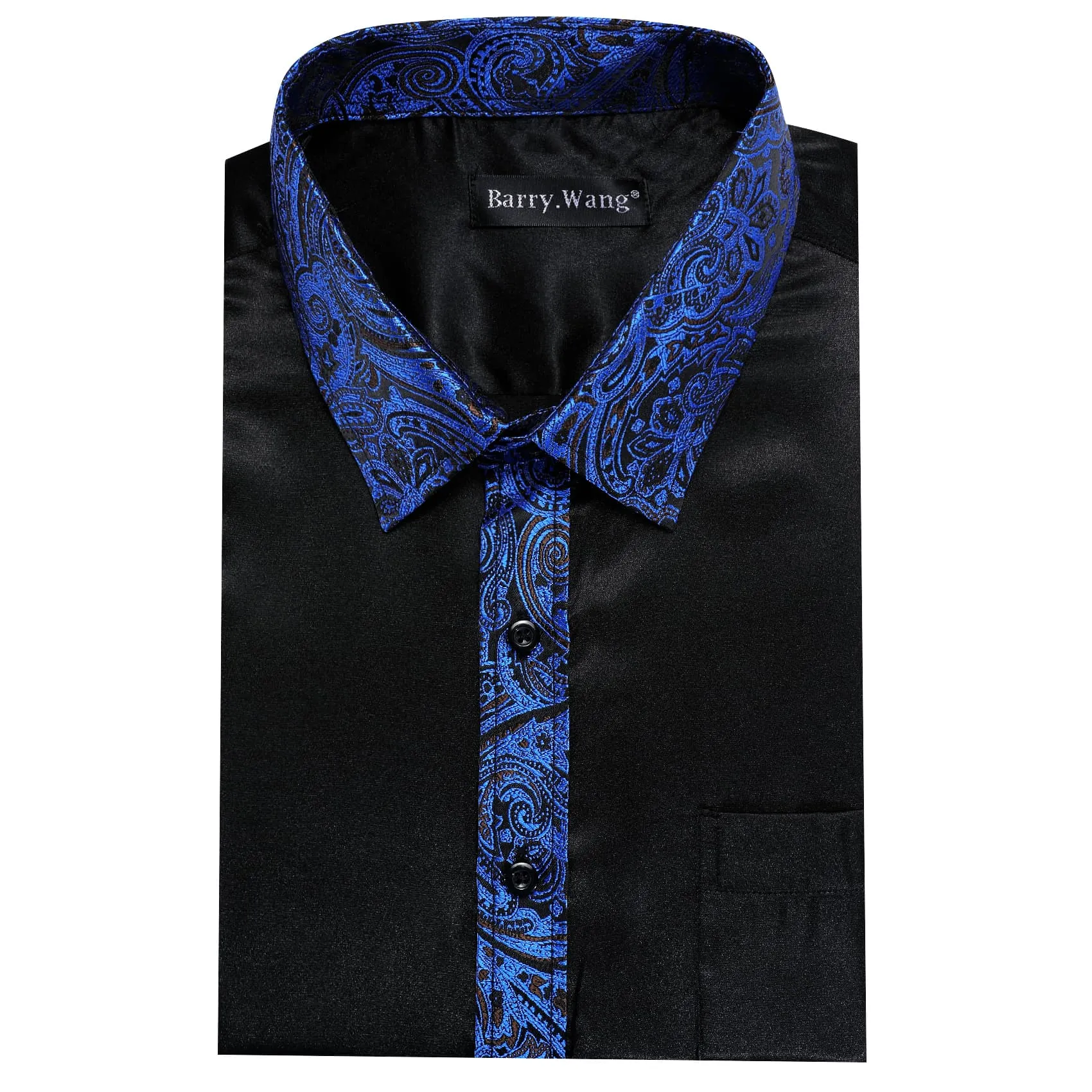 Barry Wang Black Shirt with Blue Paisley Cuff Long Sleeve Satin Shirt