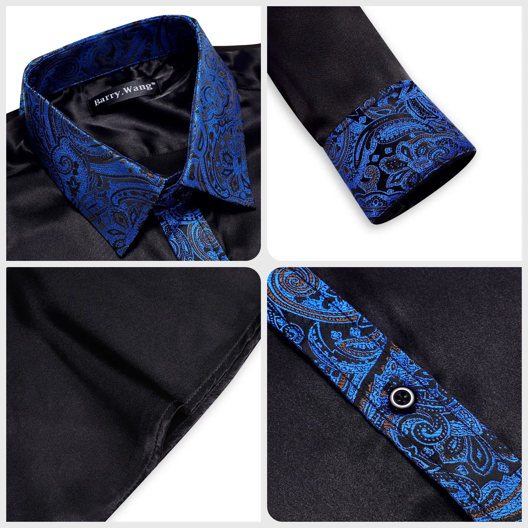 Barry Wang Black Shirt with Blue Paisley Cuff Long Sleeve Satin Shirt