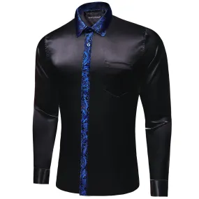 Barry Wang Black Shirt with Blue Paisley Cuff Long Sleeve Satin Shirt