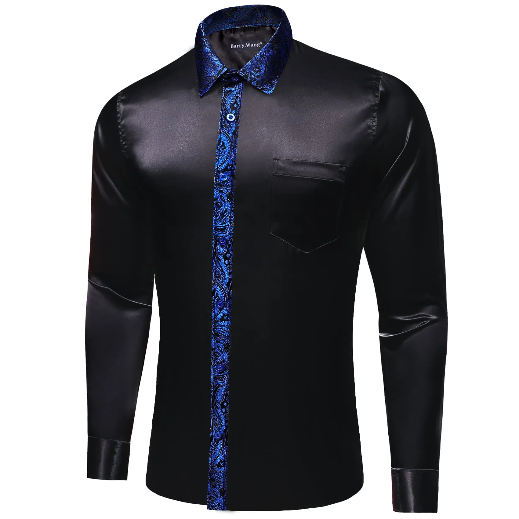 Barry Wang Black Shirt with Blue Paisley Cuff Long Sleeve Satin Shirt