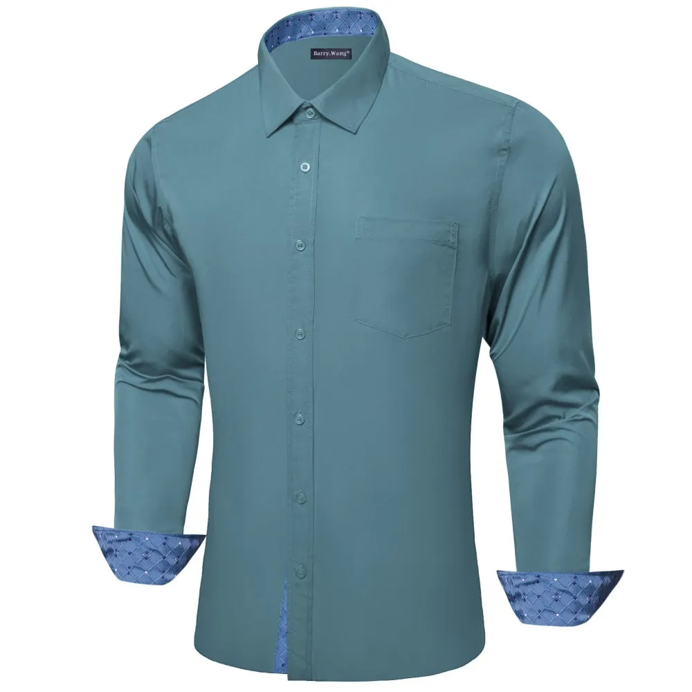 Barry Wang Mens Teal Blue Splicing Long Sleeve Shirt Button Up Shirt
