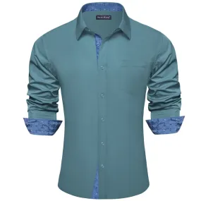 Barry Wang Mens Teal Blue Splicing Long Sleeve Shirt Button Up Shirt