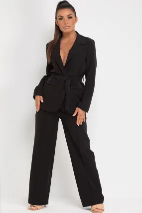 Belted Blazer And Wide Leg Trousers Set Black
