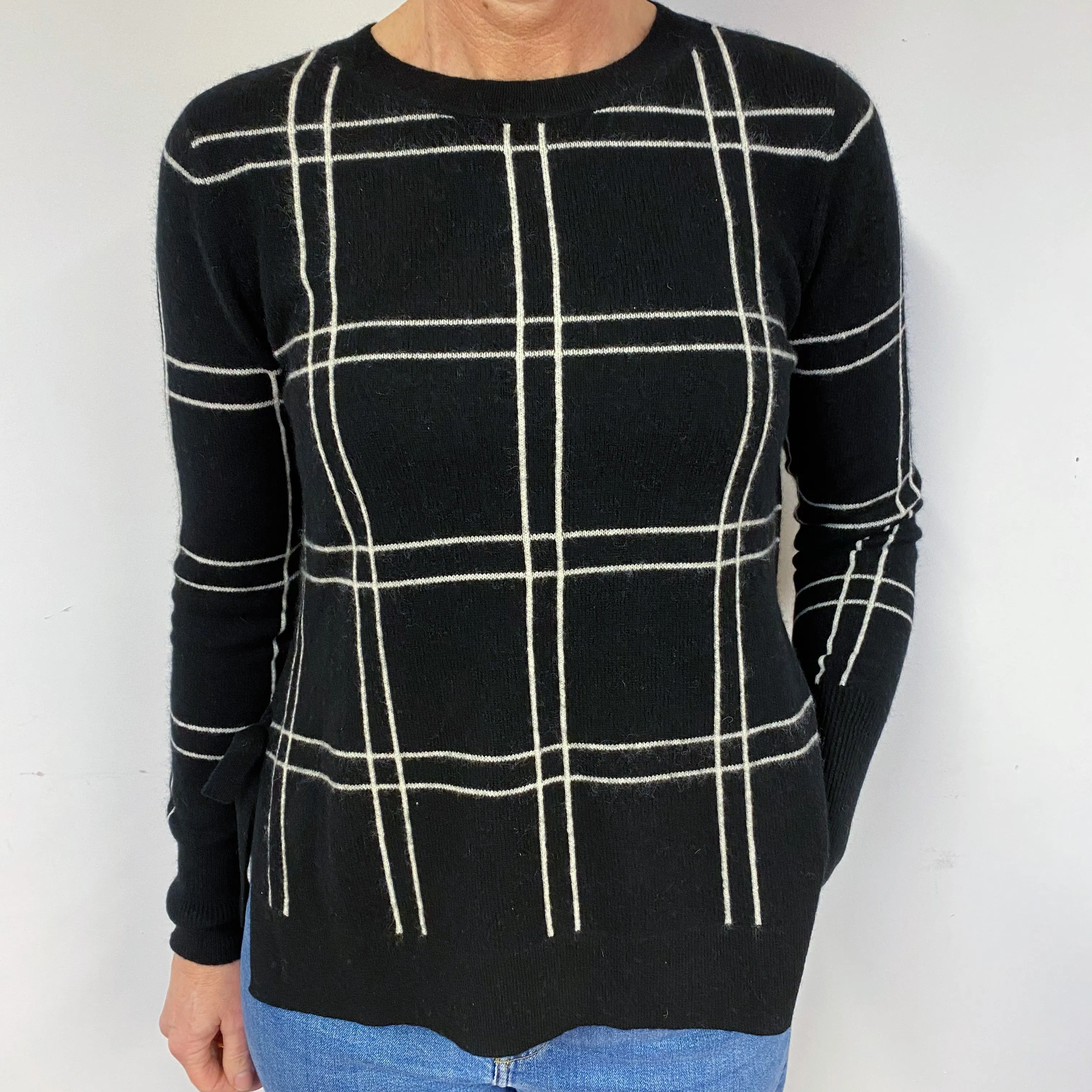 Black and White Check Cashmere Crew Neck Jumper Medium