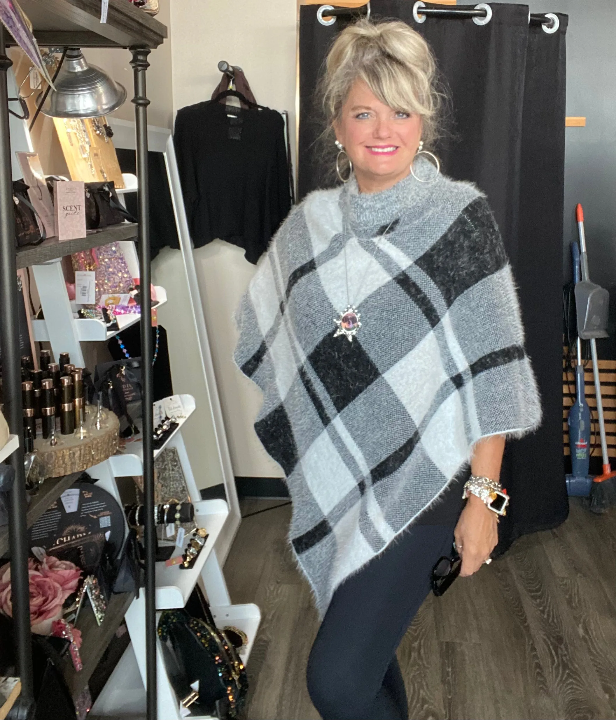 Black Grey White Plaid Pull Over Poncho