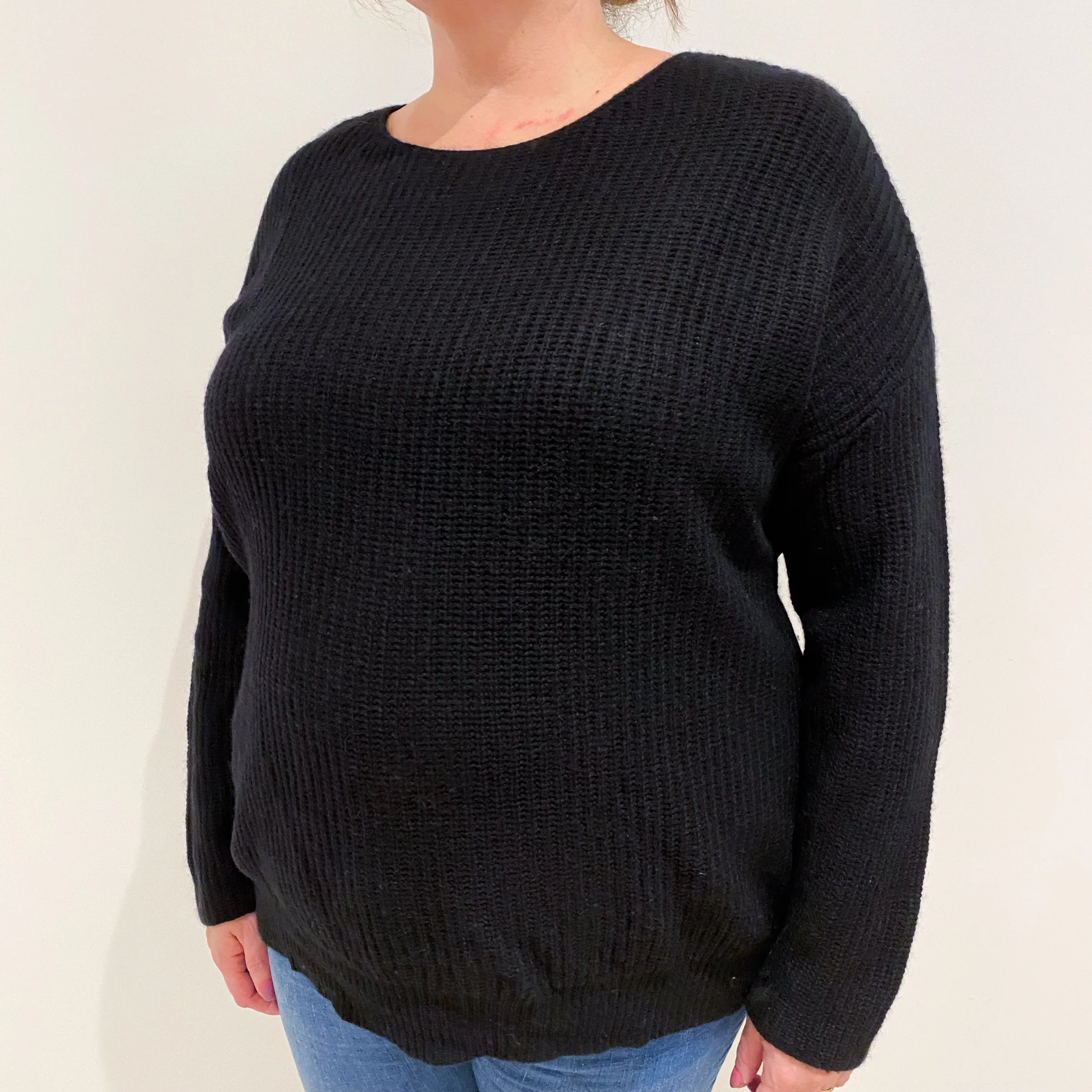 Black Ribbed Cashmere Crew Neck Jumper Extra Large