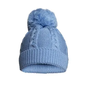 Blue ECO Cable Knit hat  pom