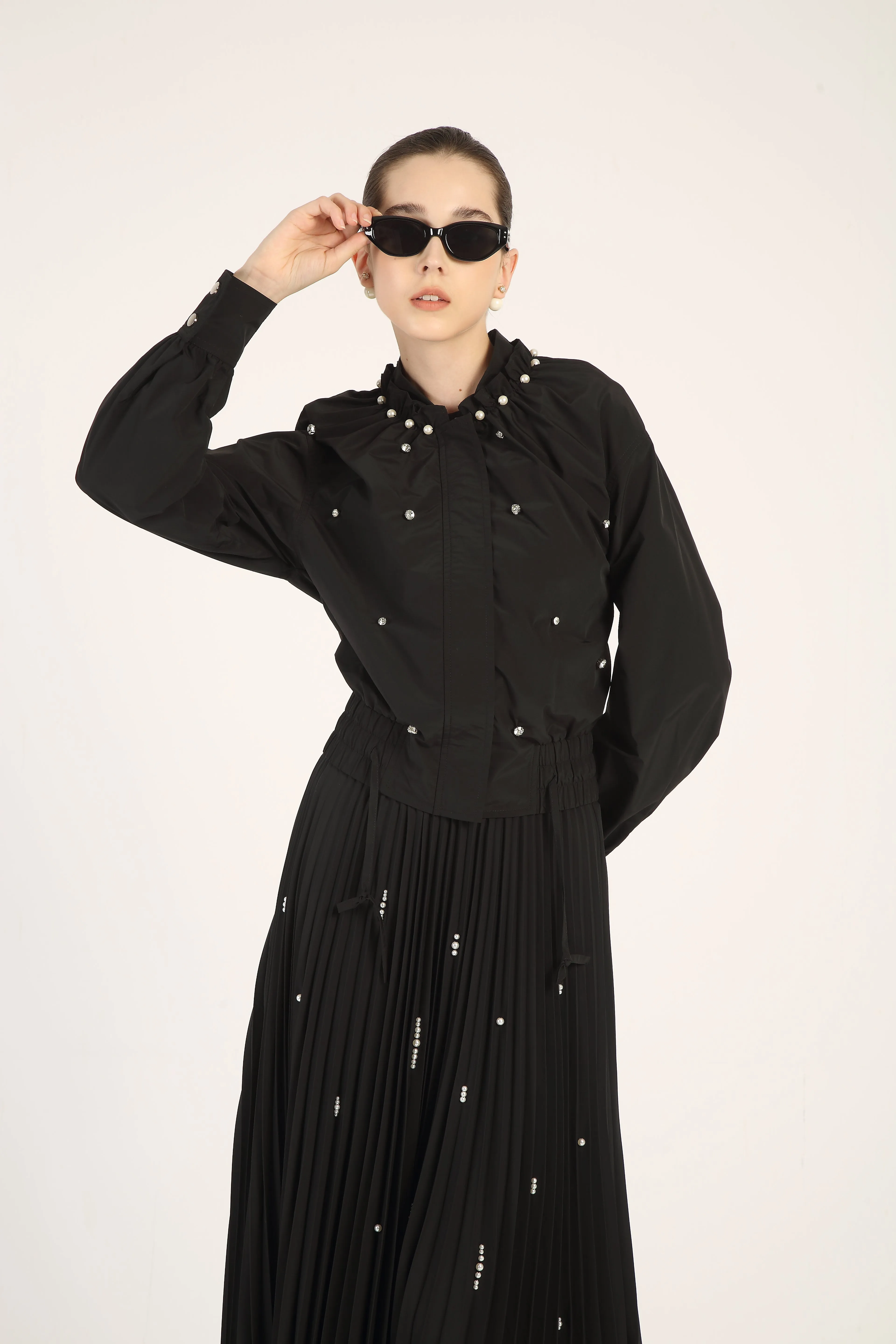 BNI-ZP-43-1 BLACK PLEATED STONES SKIRT