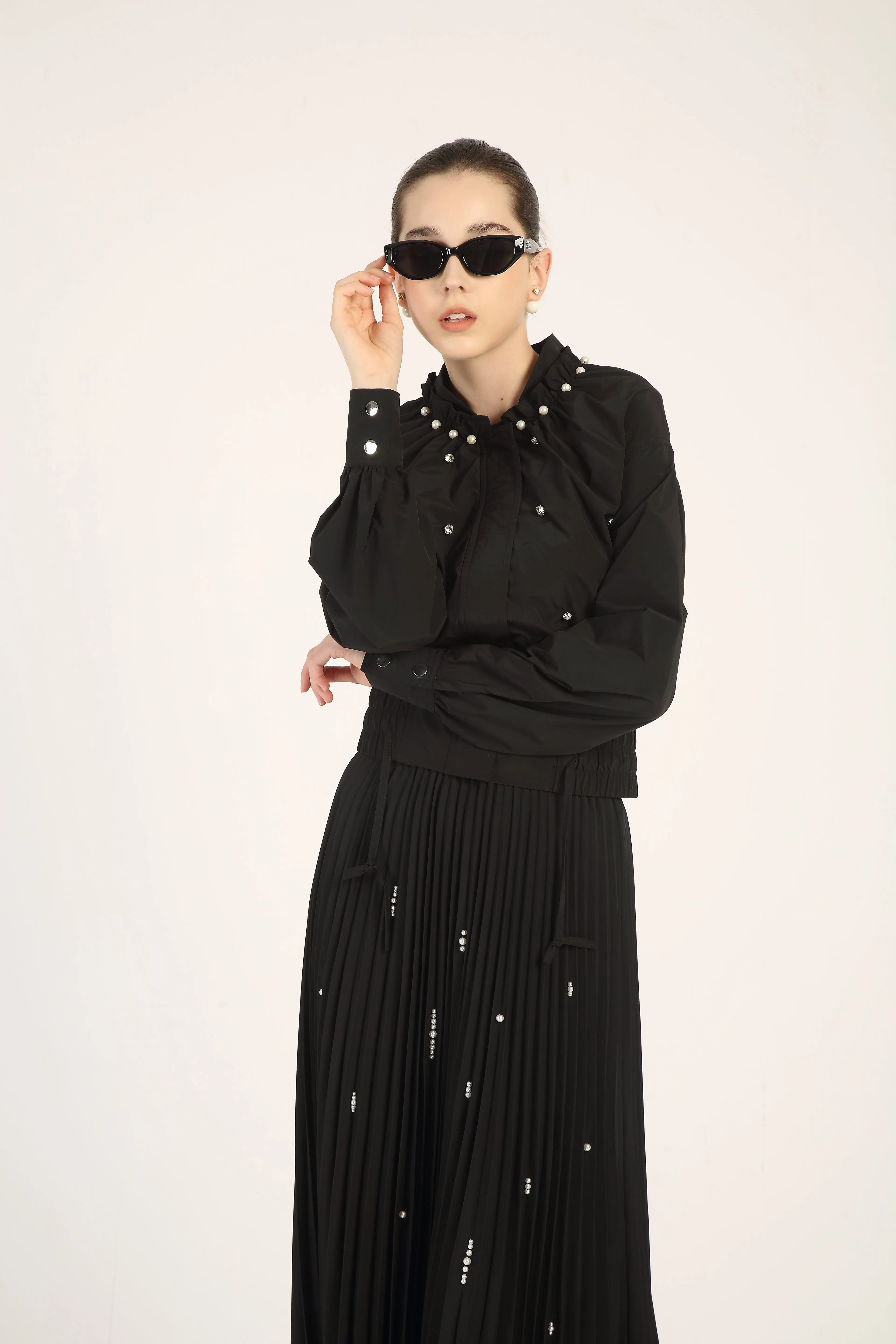 BNI-ZP-43-1 BLACK PLEATED STONES SKIRT