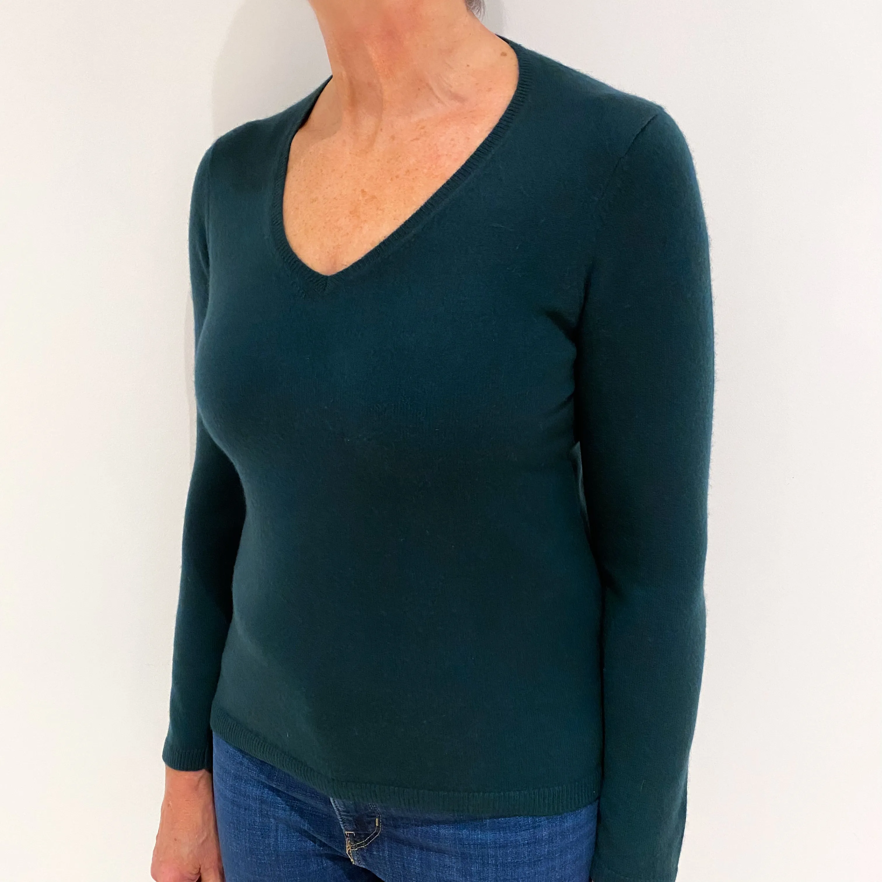 Bottle Green Cashmere V Neck Jumper Medium