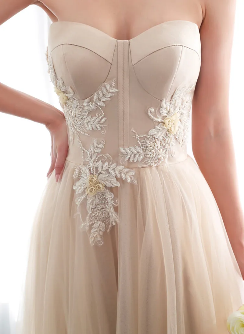 Champagne Strapless Tulle Lace Long Prom Dress, Champagne Floor Length Evening Dress