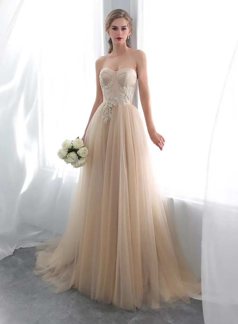 Champagne Strapless Tulle Lace Long Prom Dress, Champagne Floor Length Evening Dress