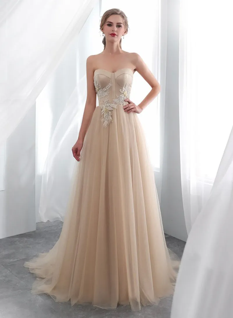 Champagne Strapless Tulle Lace Long Prom Dress, Champagne Floor Length Evening Dress