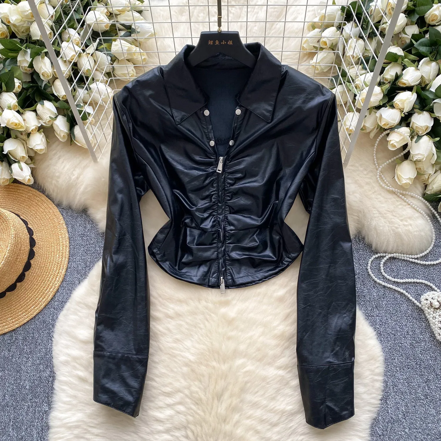 Chic Lapeled Zipped PU Jacket