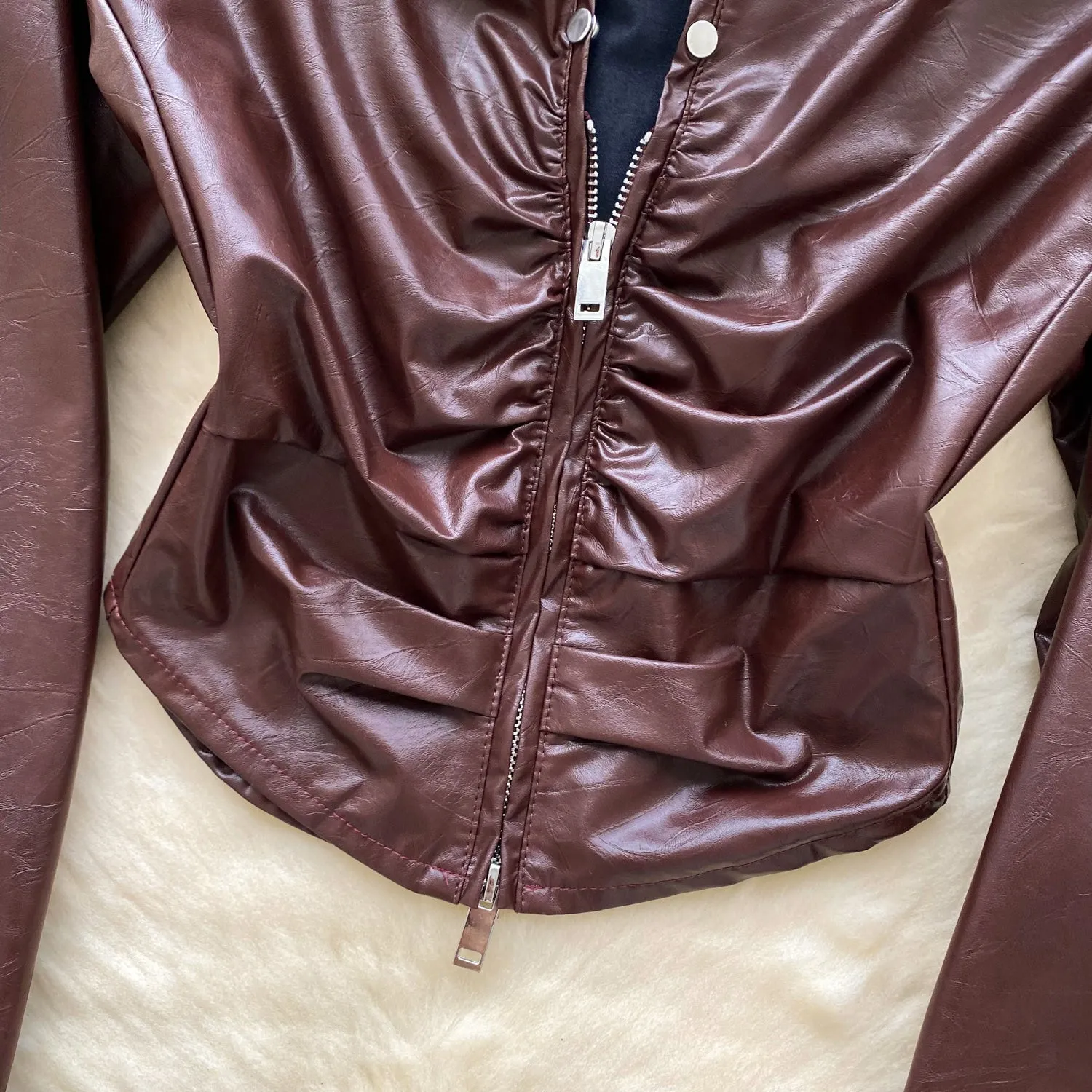 Chic Lapeled Zipped PU Jacket