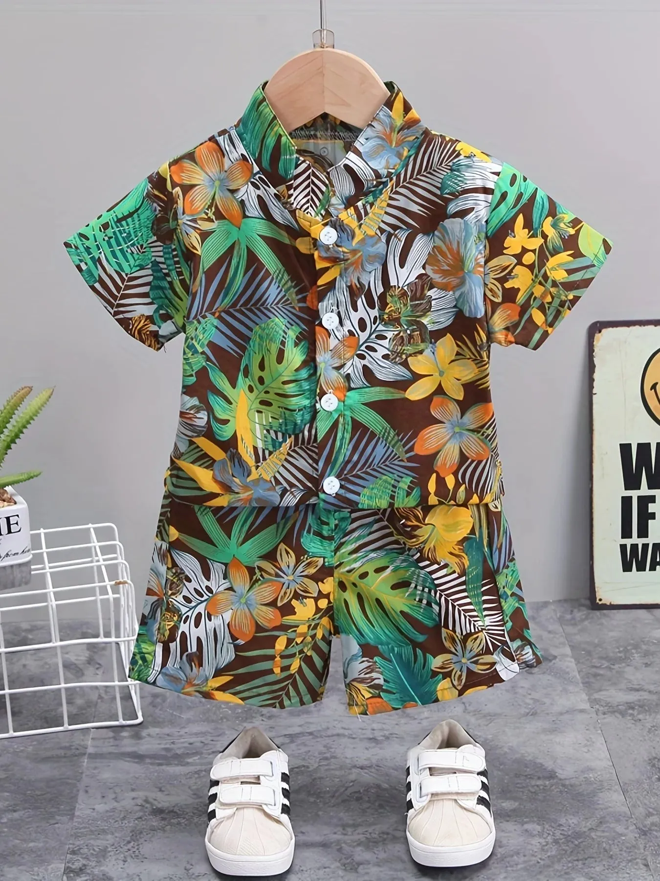 Colorful Leaf and Flower Print Kids' Summer Shirt Set