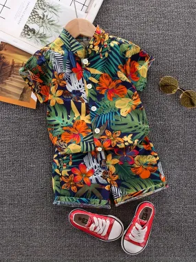 Colorful Leaf and Flower Print Kids' Summer Shirt Set