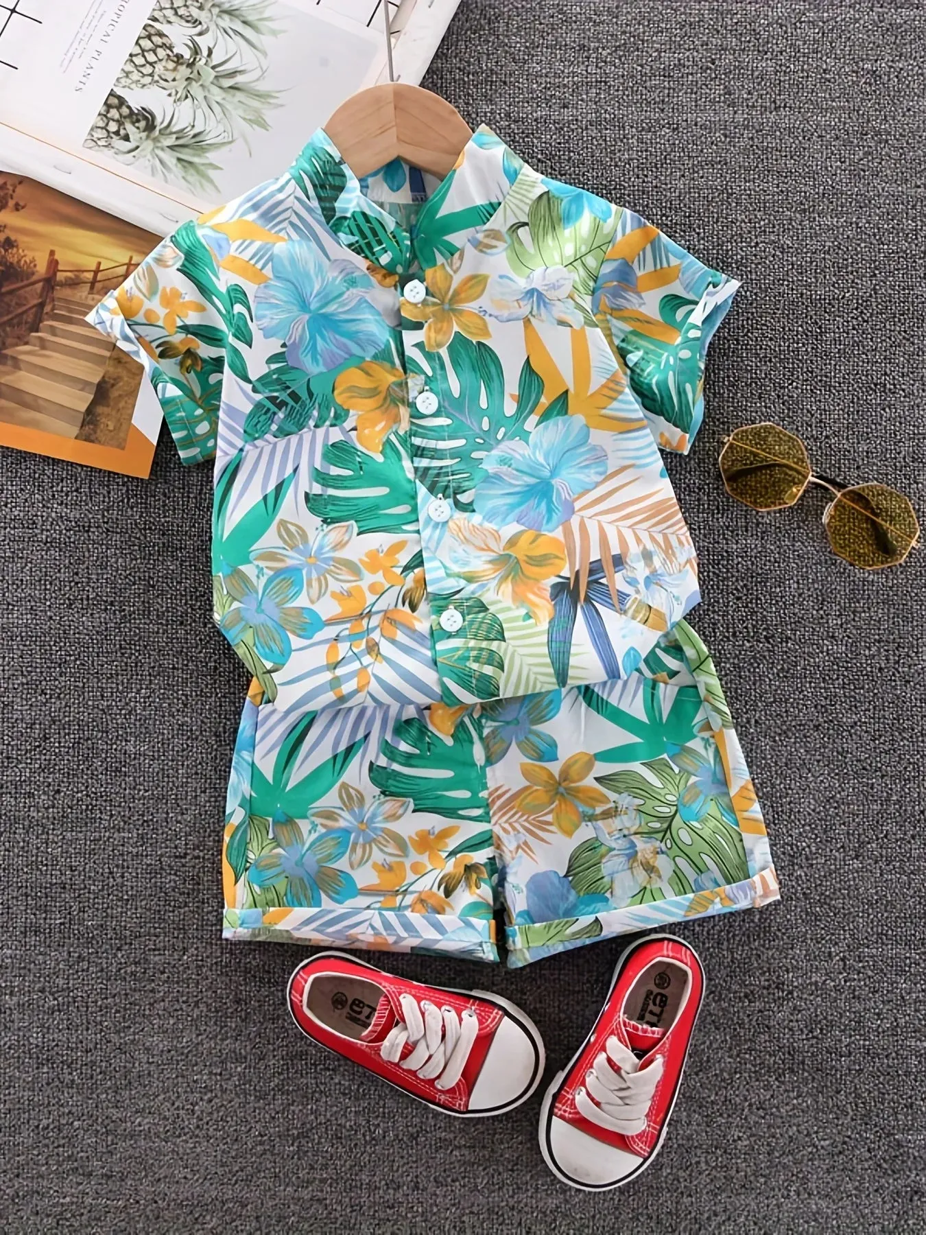 Colorful Leaf and Flower Print Kids' Summer Shirt Set