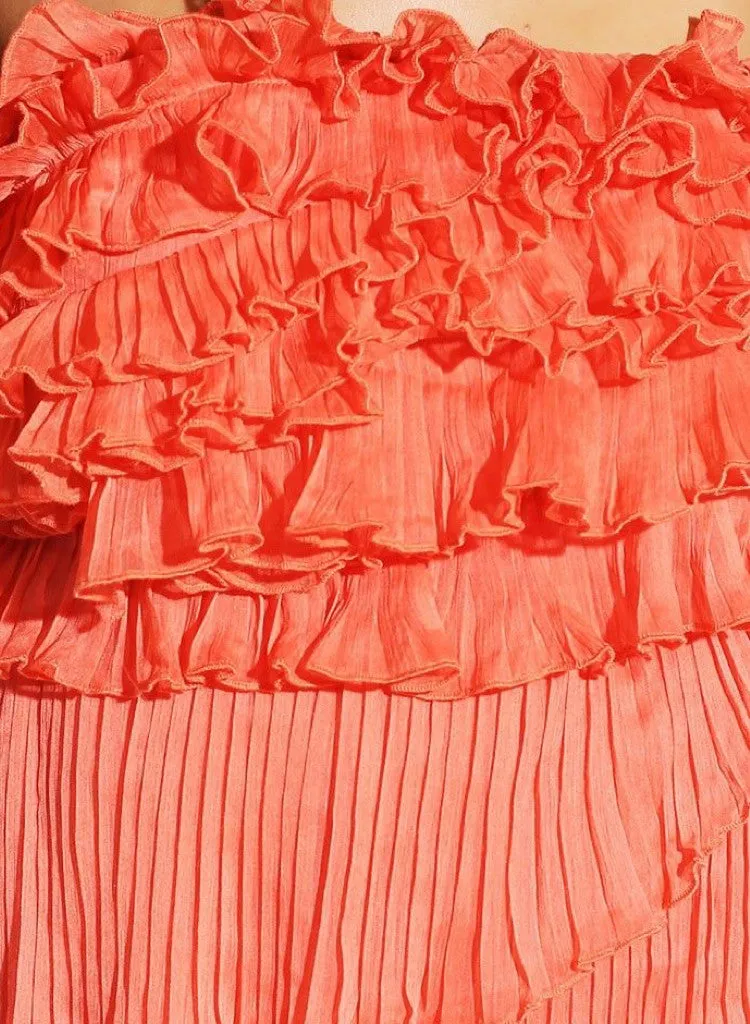 Coral Pink Pleated Chiffon Ruffle Party Mini Dress
