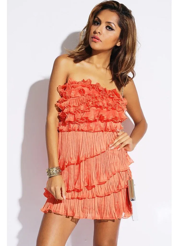 Coral Pink Pleated Chiffon Ruffle Party Mini Dress