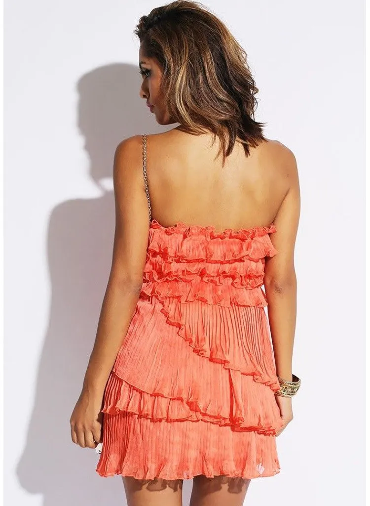 Coral Pink Pleated Chiffon Ruffle Party Mini Dress