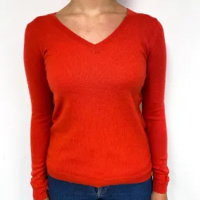Deep Coral Orange Cashmere V-Neck Jumper Small
