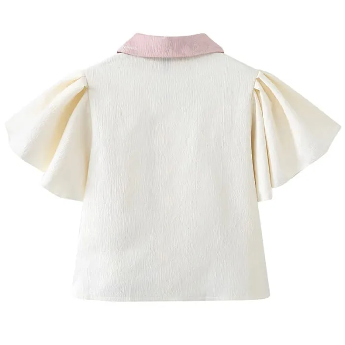 Flower V-neck Shirt with Bird Print Pleated Skirt