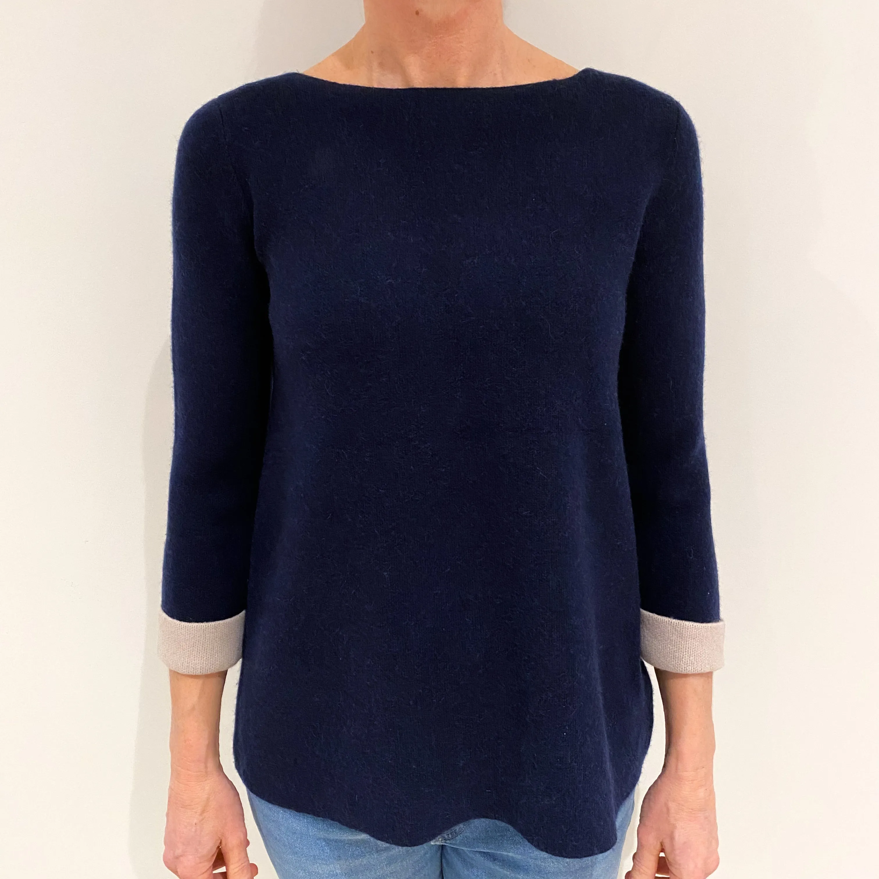 French Navy Oatmeal Trim Cashmere Slash Neck Jumper Small
