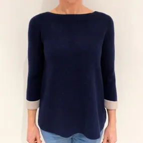 French Navy Oatmeal Trim Cashmere Slash Neck Jumper Small