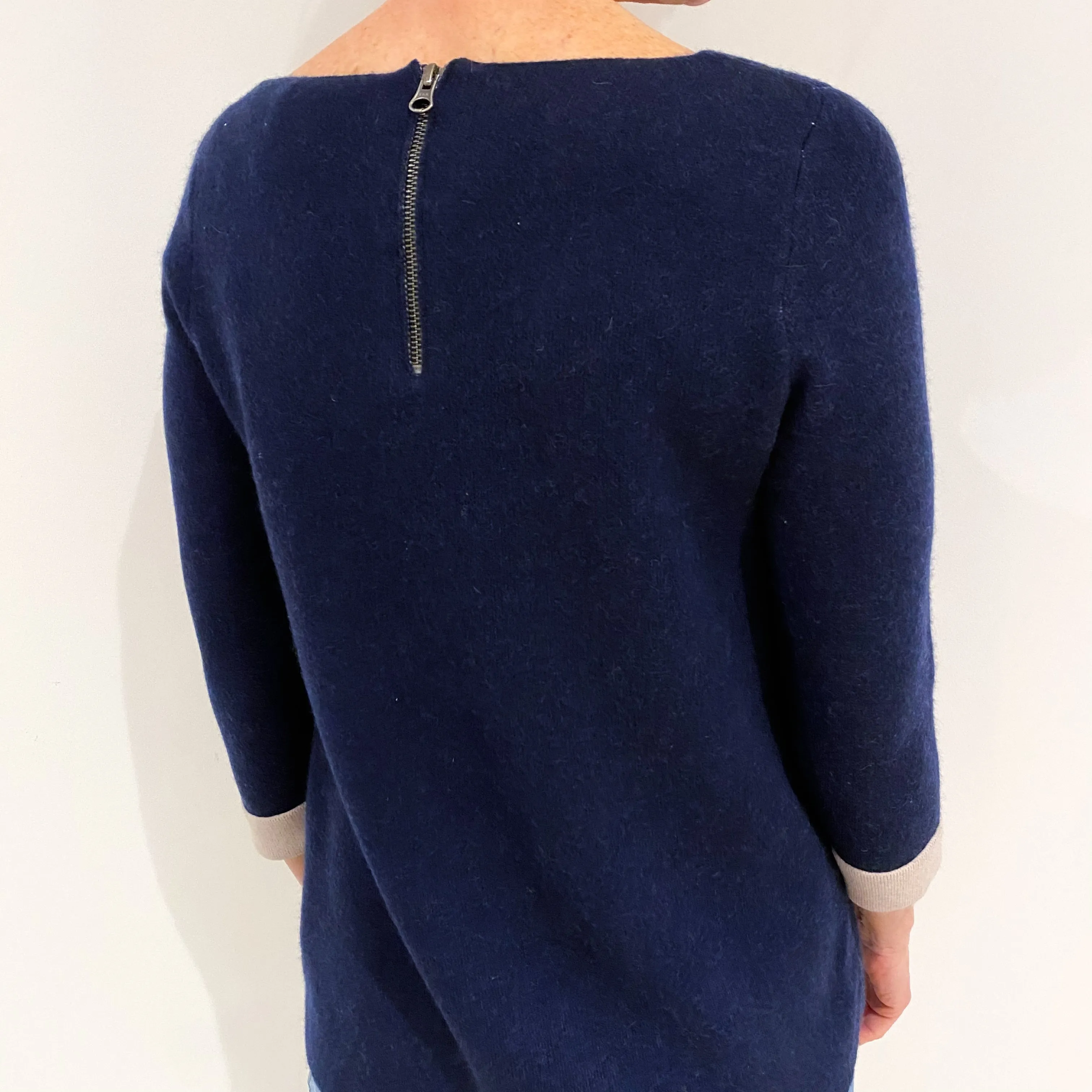 French Navy Oatmeal Trim Cashmere Slash Neck Jumper Small