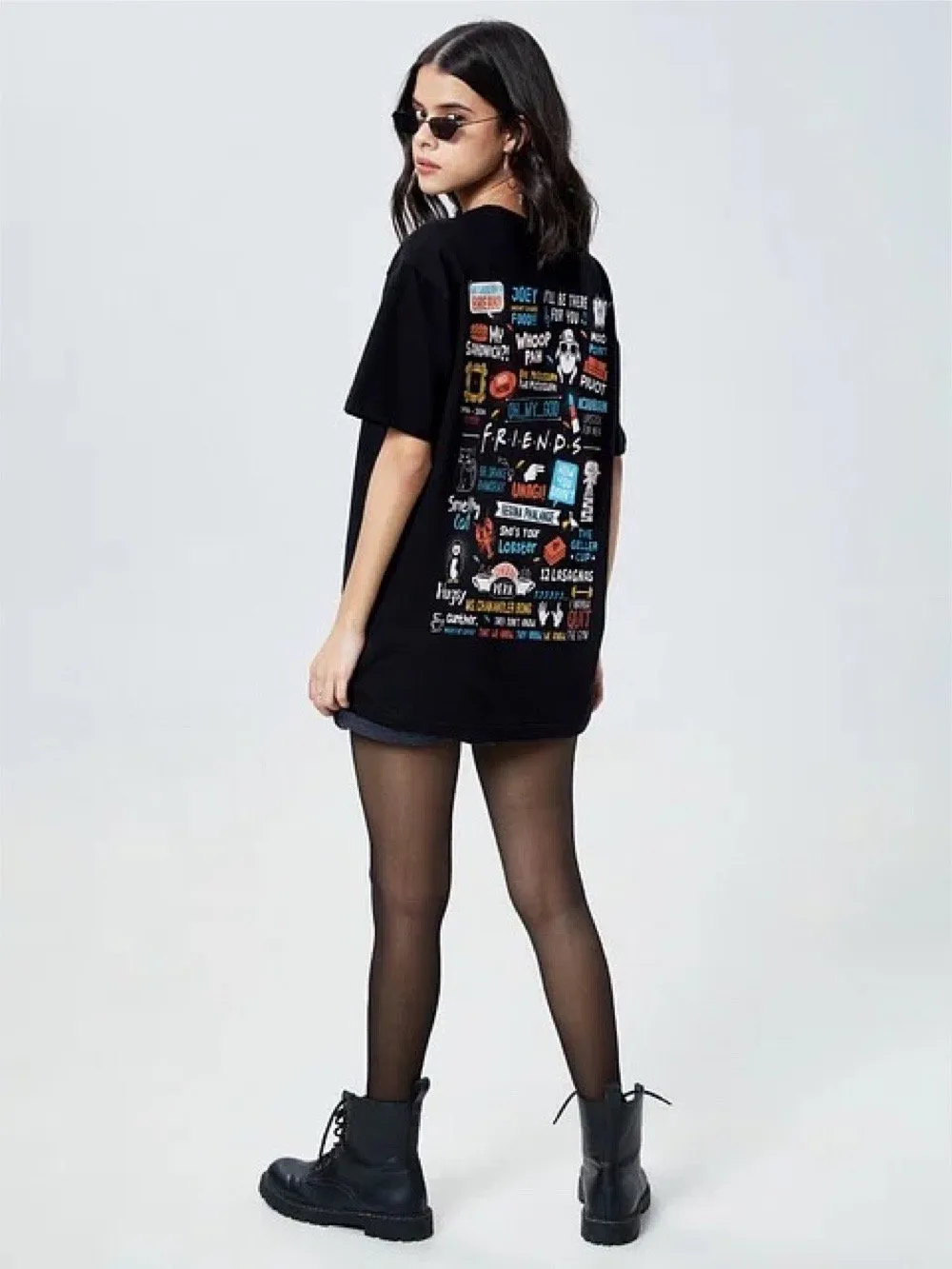 Friends Printed Round Neck Cotton Blend Black Womens Drop Shoulder T-Shirt