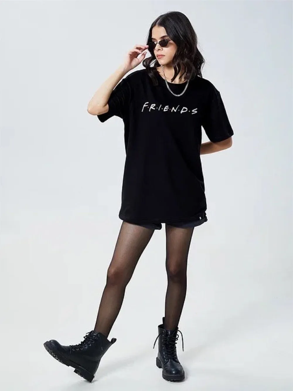 Friends Printed Round Neck Cotton Blend Black Womens Drop Shoulder T-Shirt