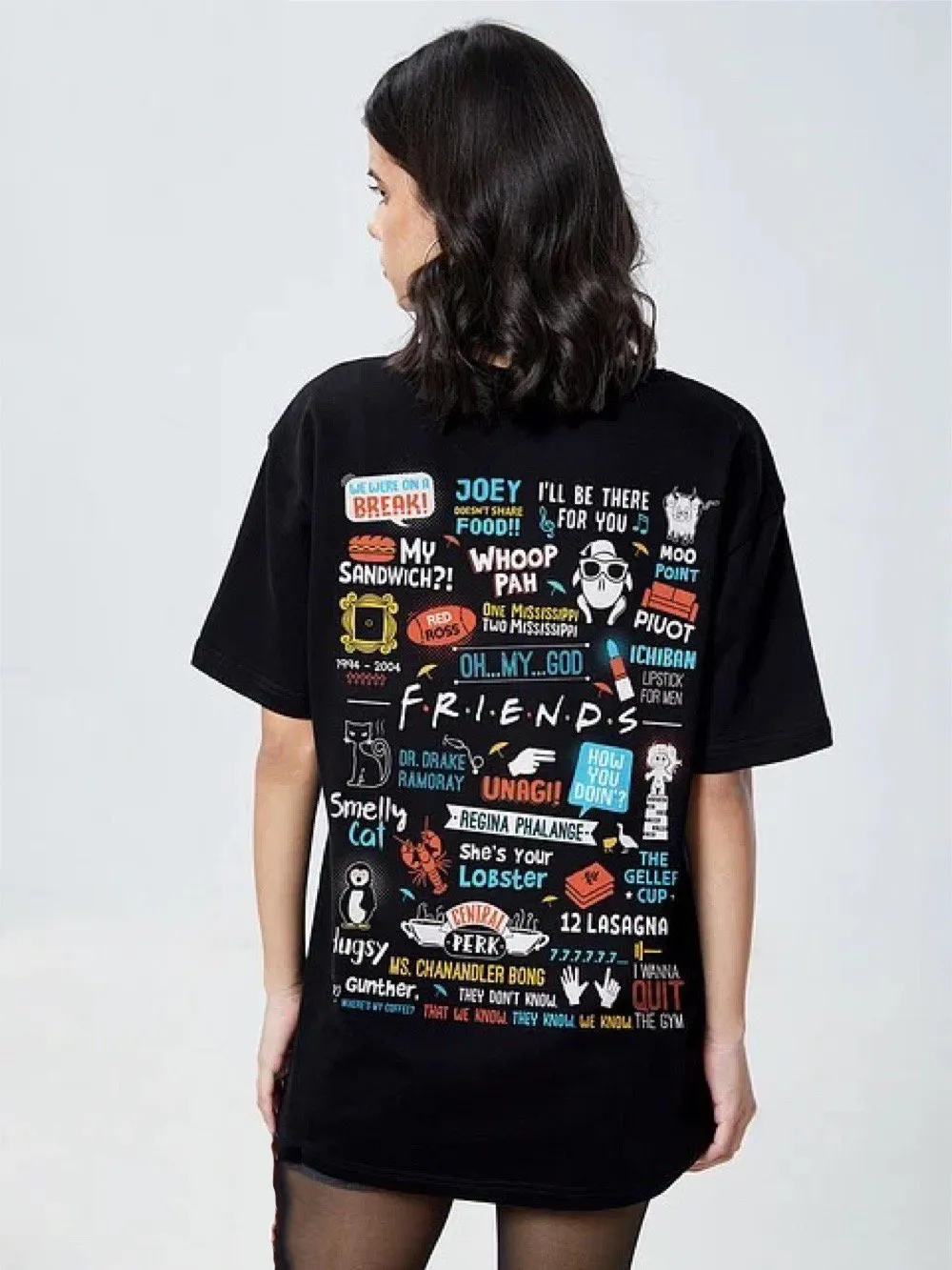 Friends Printed Round Neck Cotton Blend Black Womens Drop Shoulder T-Shirt