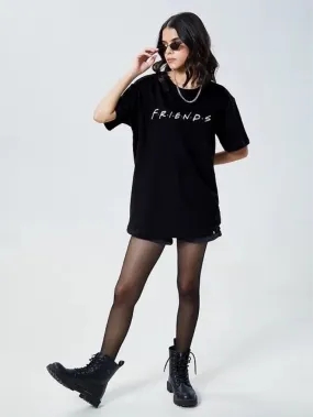 Friends Printed Round Neck Cotton Blend Black Womens Drop Shoulder T-Shirt