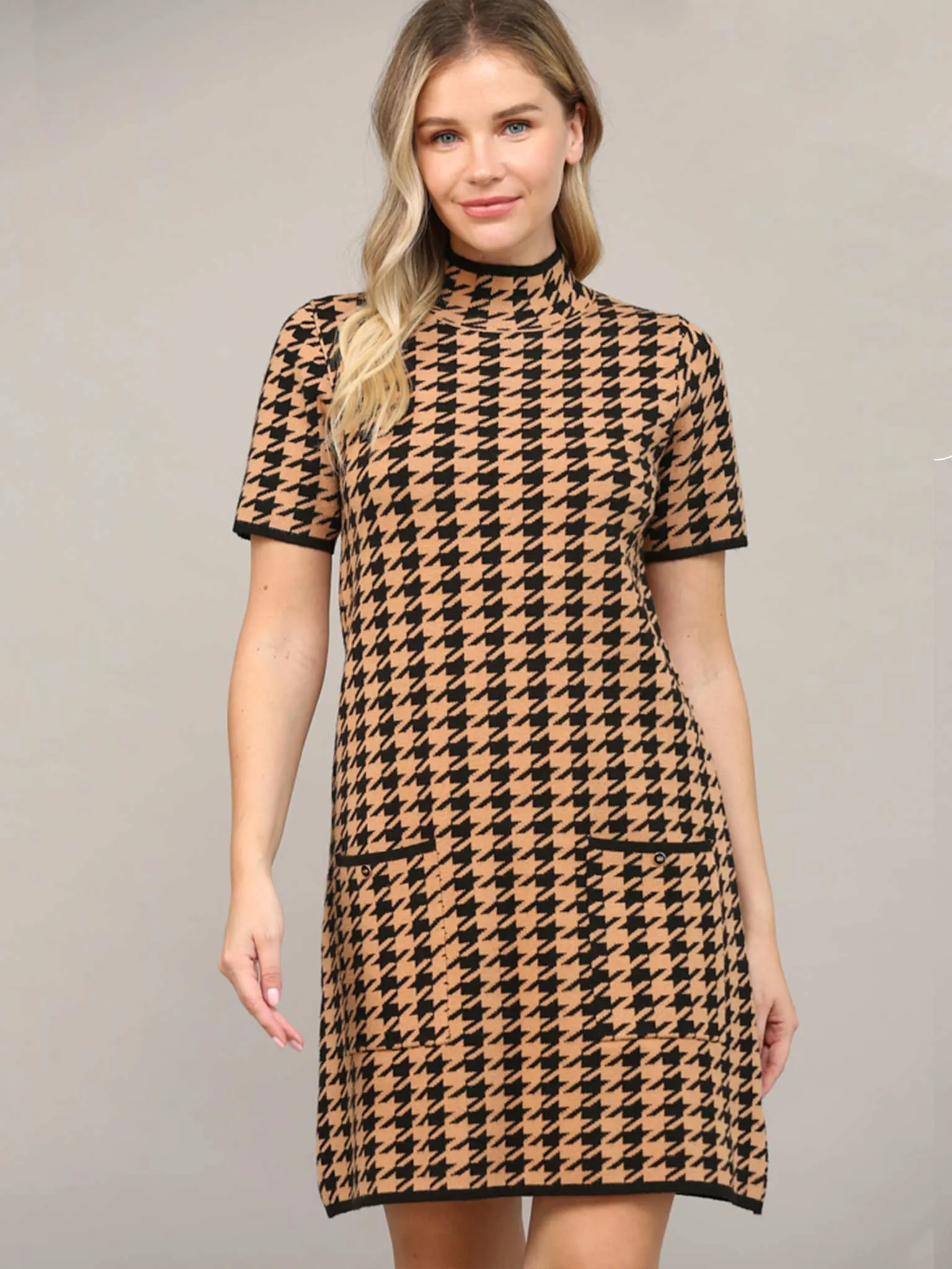 Houndstooth Mock Neck Sweater Dress