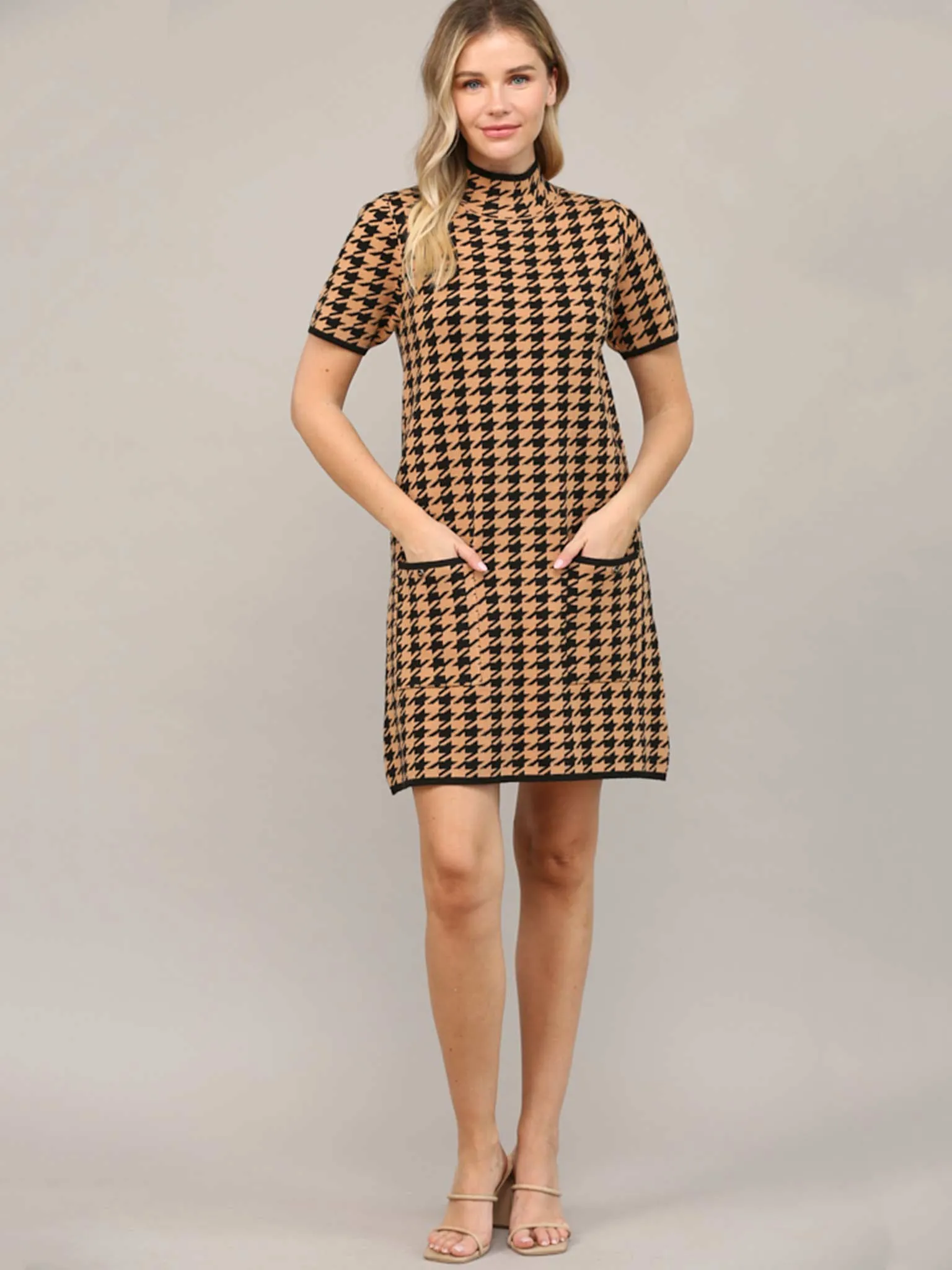 Houndstooth Mock Neck Sweater Dress