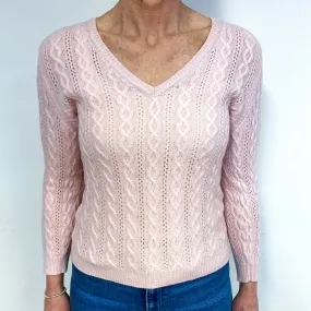 Ice Pink Cable Cashmere V-Neck Jumper Medium