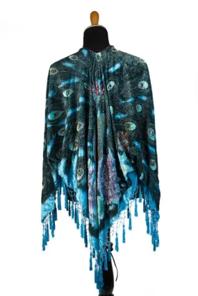 Juno Turquoise Velvet Beaded Peacock Open Poncho Shawl