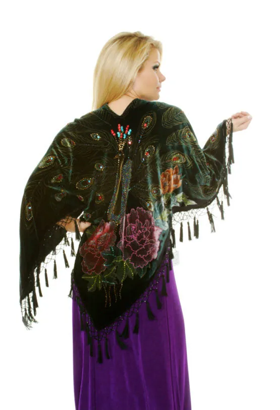 Juno Turquoise Velvet Beaded Peacock Open Poncho Shawl