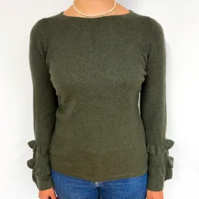 Khaki Green Ruffle Bell Sleeve Cashmere Crew Neck Jumper Small