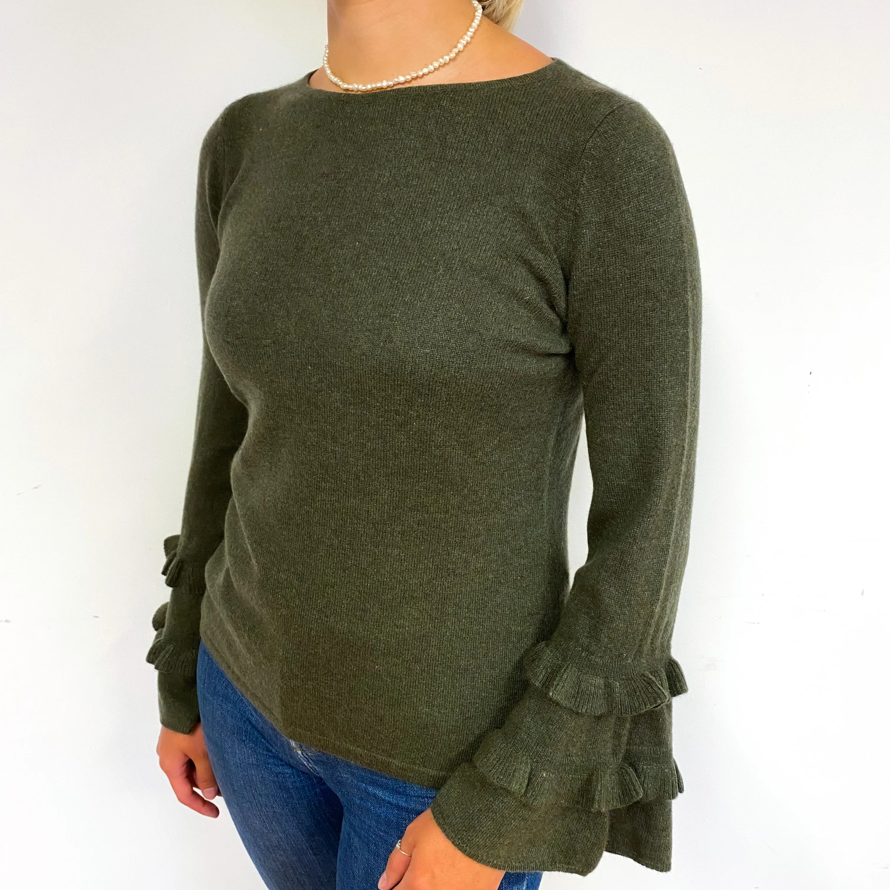 Khaki Green Ruffle Bell Sleeve Cashmere Crew Neck Jumper Small