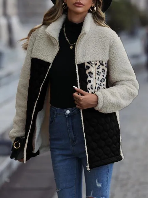 Leopard Patch Zip Up Fleece Jacket