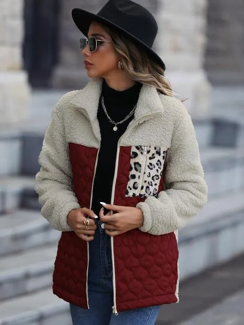 Leopard Patch Zip Up Fleece Jacket
