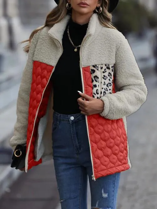 Leopard Patch Zip Up Fleece Jacket