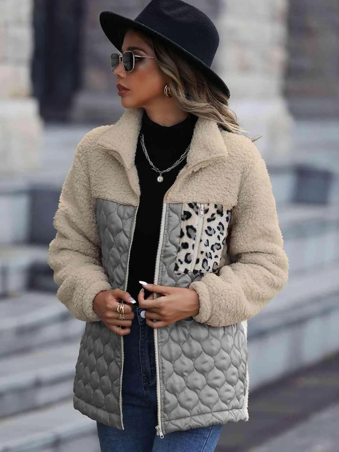 Leopard Patch Zip Up Fleece Jacket
